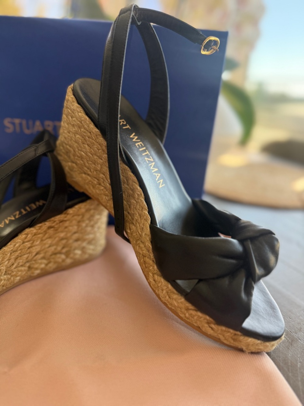 Size Euro 41 Stuart Weitzman Black Leather Knotted Espadrille Wedge Sandals